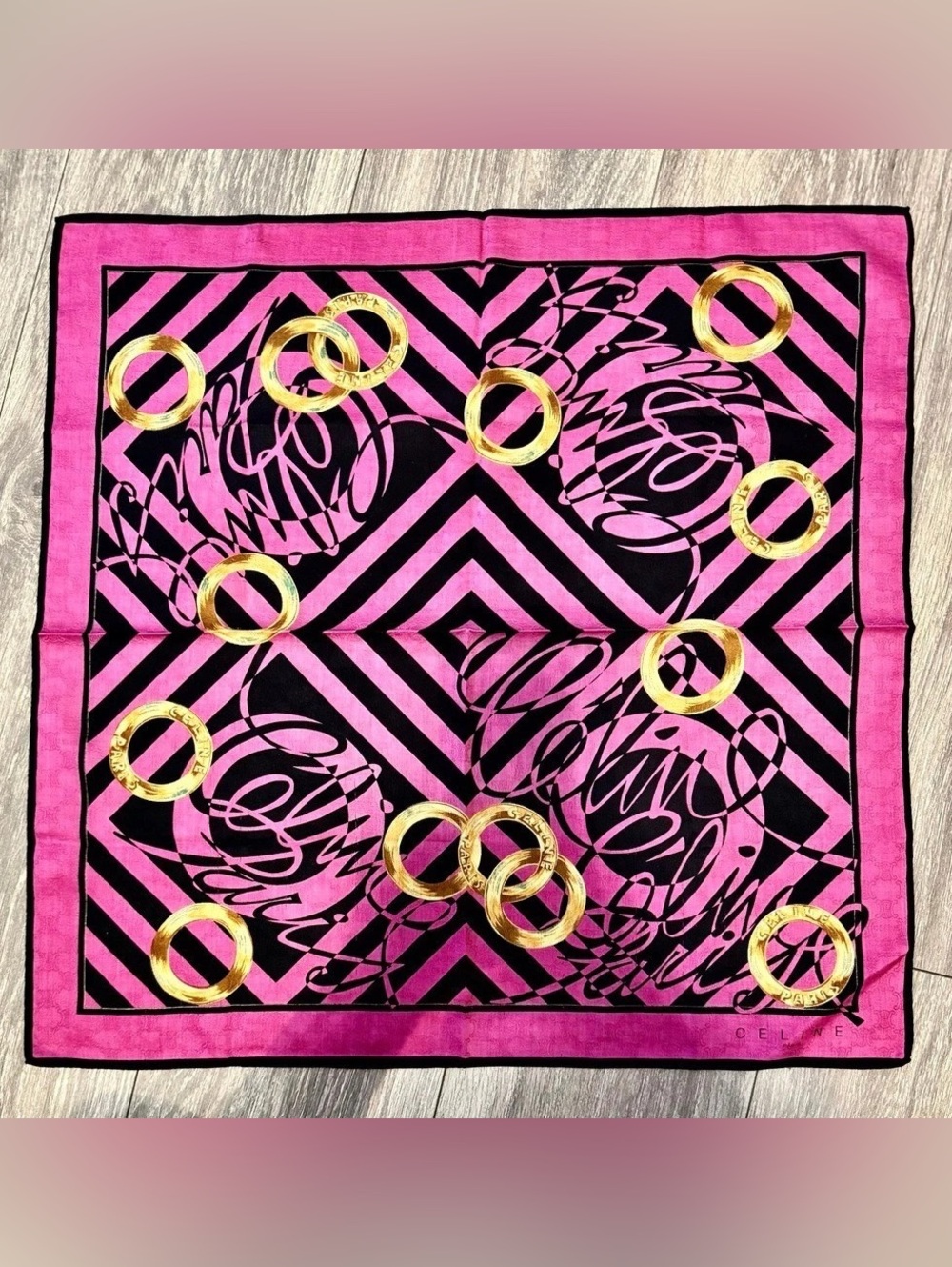Celine Pink & Black Geometric Scarf with hidden patten look close